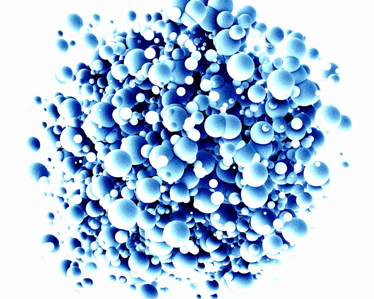 A cluster of small, glossy blue and light blue spherical droplets or bubbles on a plain white background.