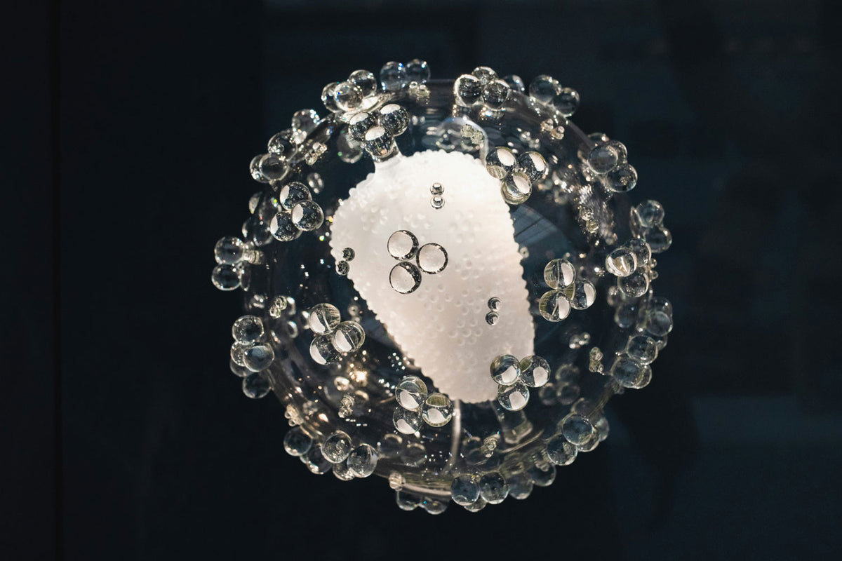 A clear glass decorative object with a central white textured oval and a surrounding ring of faceted clear glass bubbles, photographed against a very dark background.