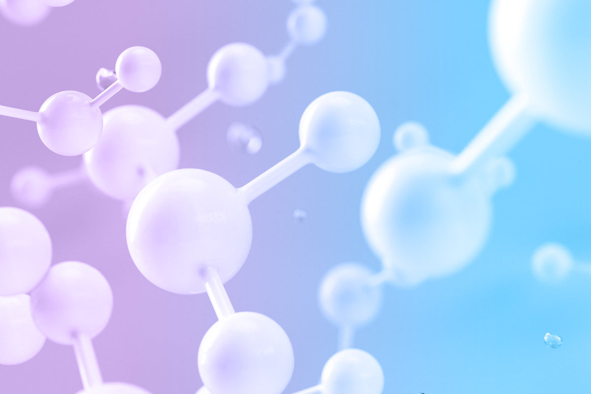 Abstract 3D render of white molecular structures with spherical nodes connected by rods, set against a soft lavender-purple gradient background.