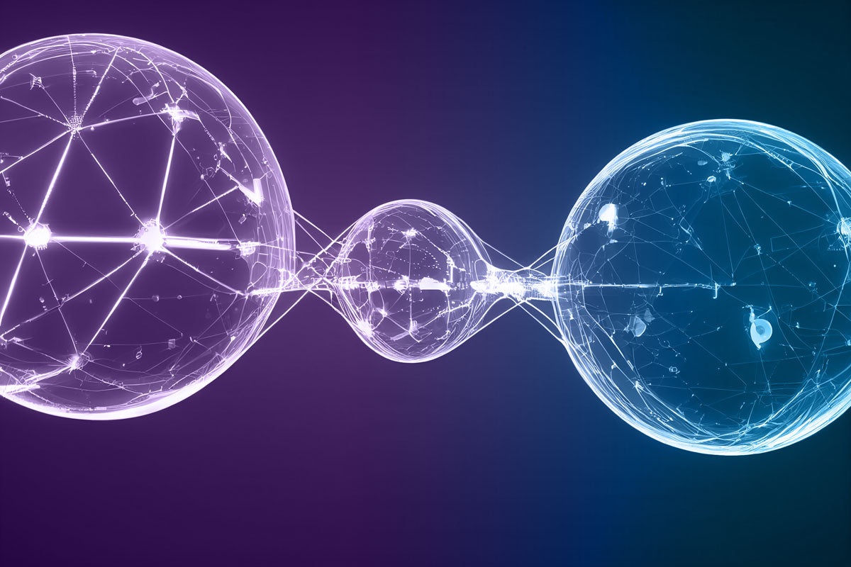 Abstract 3D digital illustration of three glowing interconnected spheres in white and blue, set against a dark purple-to-blue gradient background.