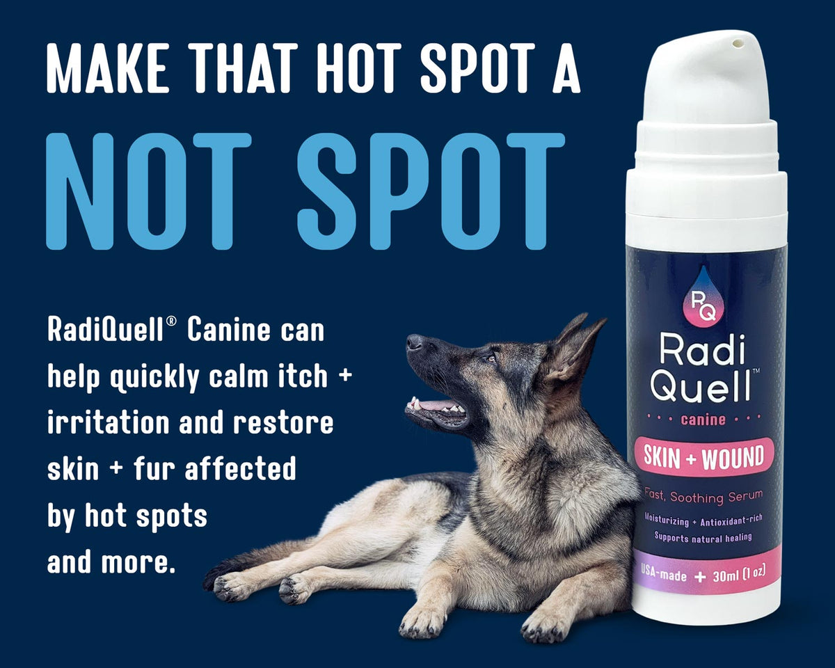 RadiQuell® Canine Skin & Wound soothing serum bottle shown on a dark blue background with marketing text and a German Shepherd lying down.